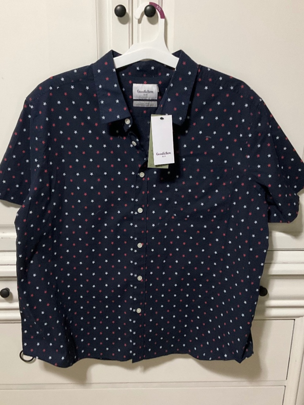 Goodfellow NWT Men’s XXL SS button up shirt, Navy with red & white stars